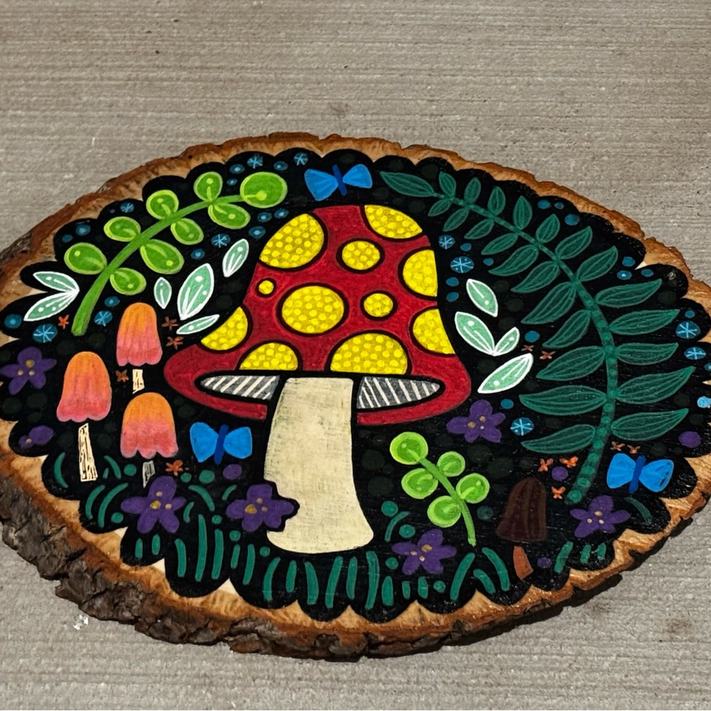 Colorful Mushroom Art on Wood Slice